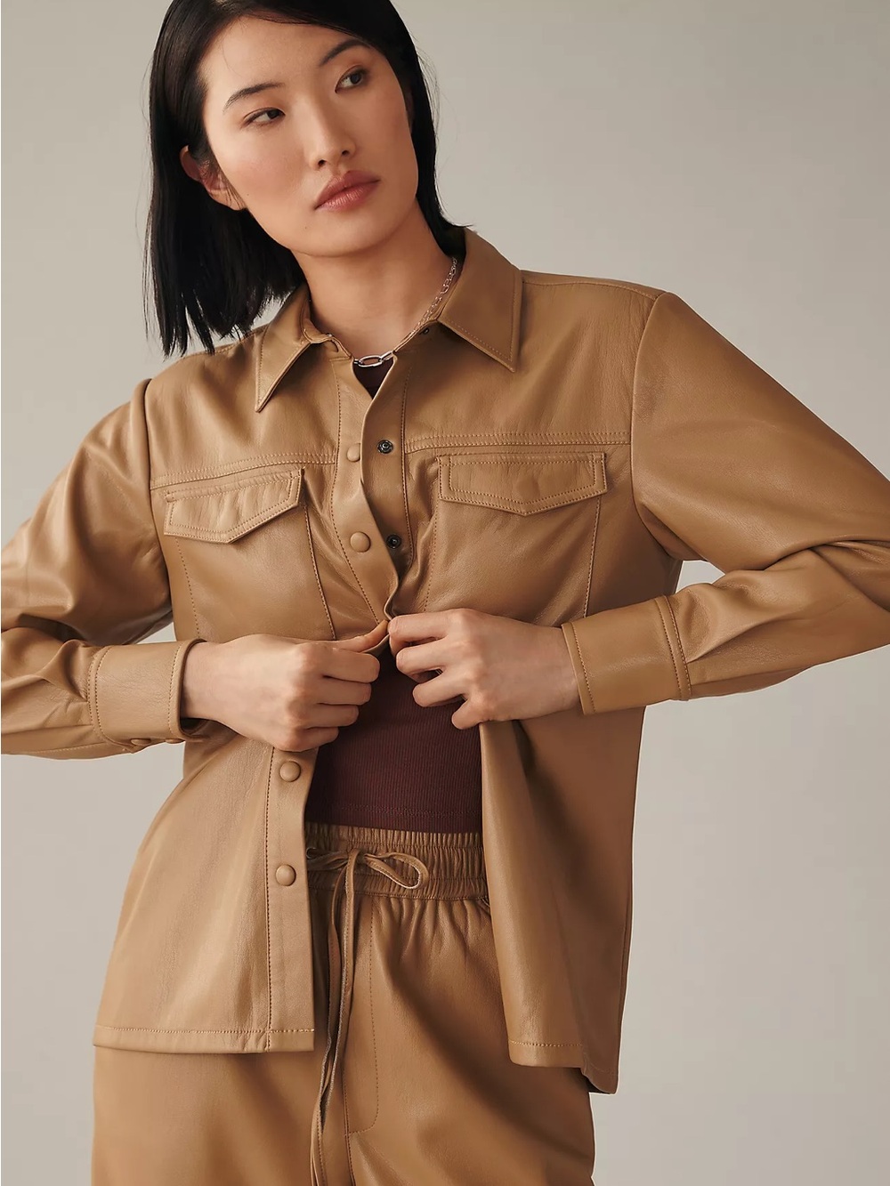 Good American L Vegan Leather Shirt Jacket Camel Neutral Preppy Modern Fall